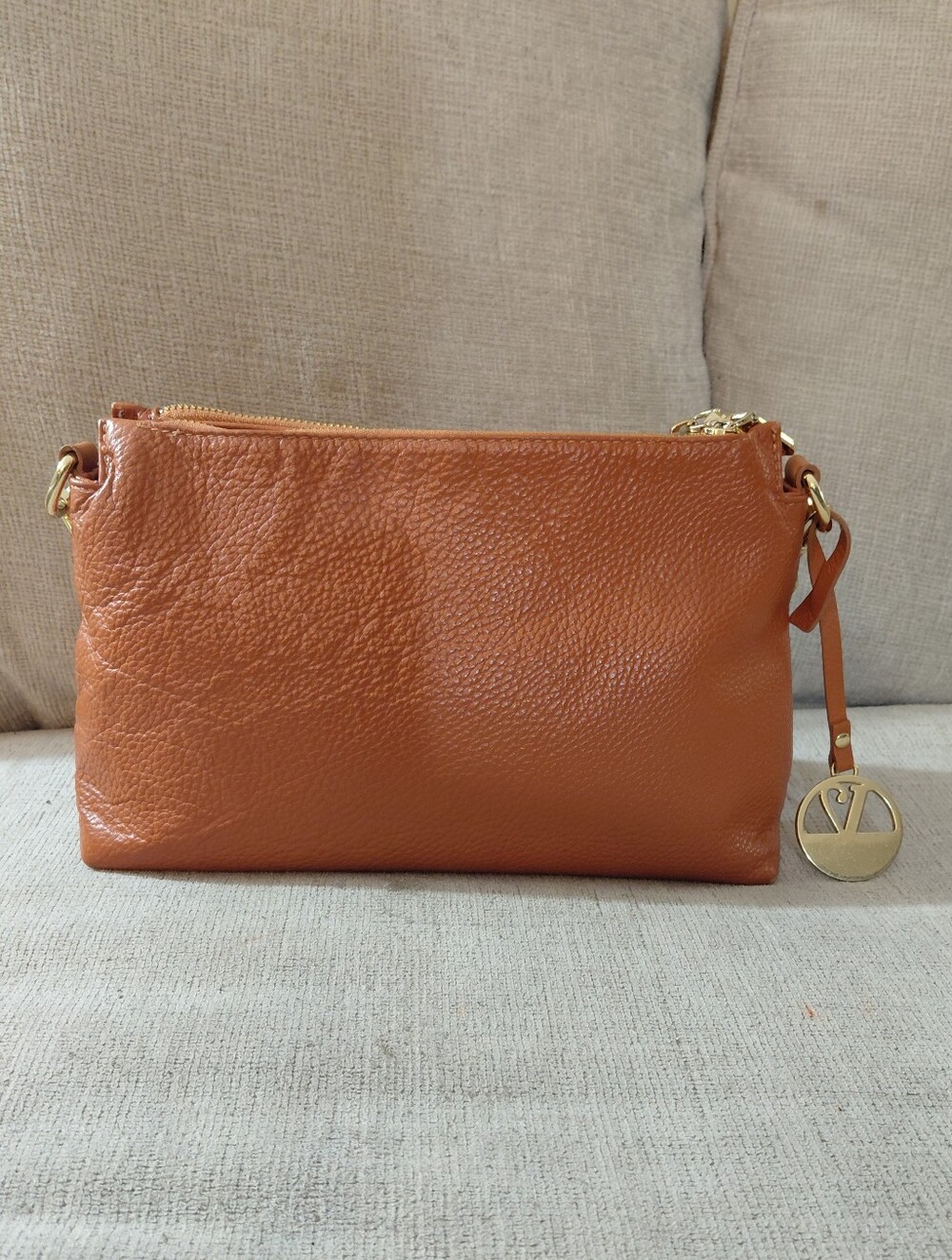 Valentina Cognac Leather Shoulder Bag with Gold Charm - Picture 3 of 10
